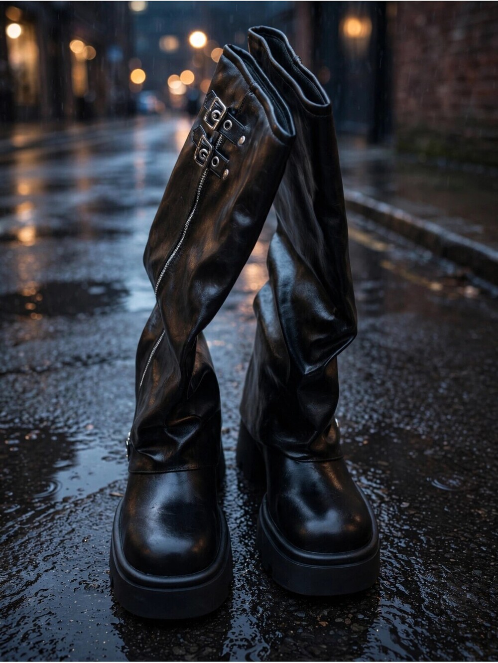 SLXCHBSL Knee High Boots Size 10 Fold Over Slouchy Biker Chunky Platform Heel